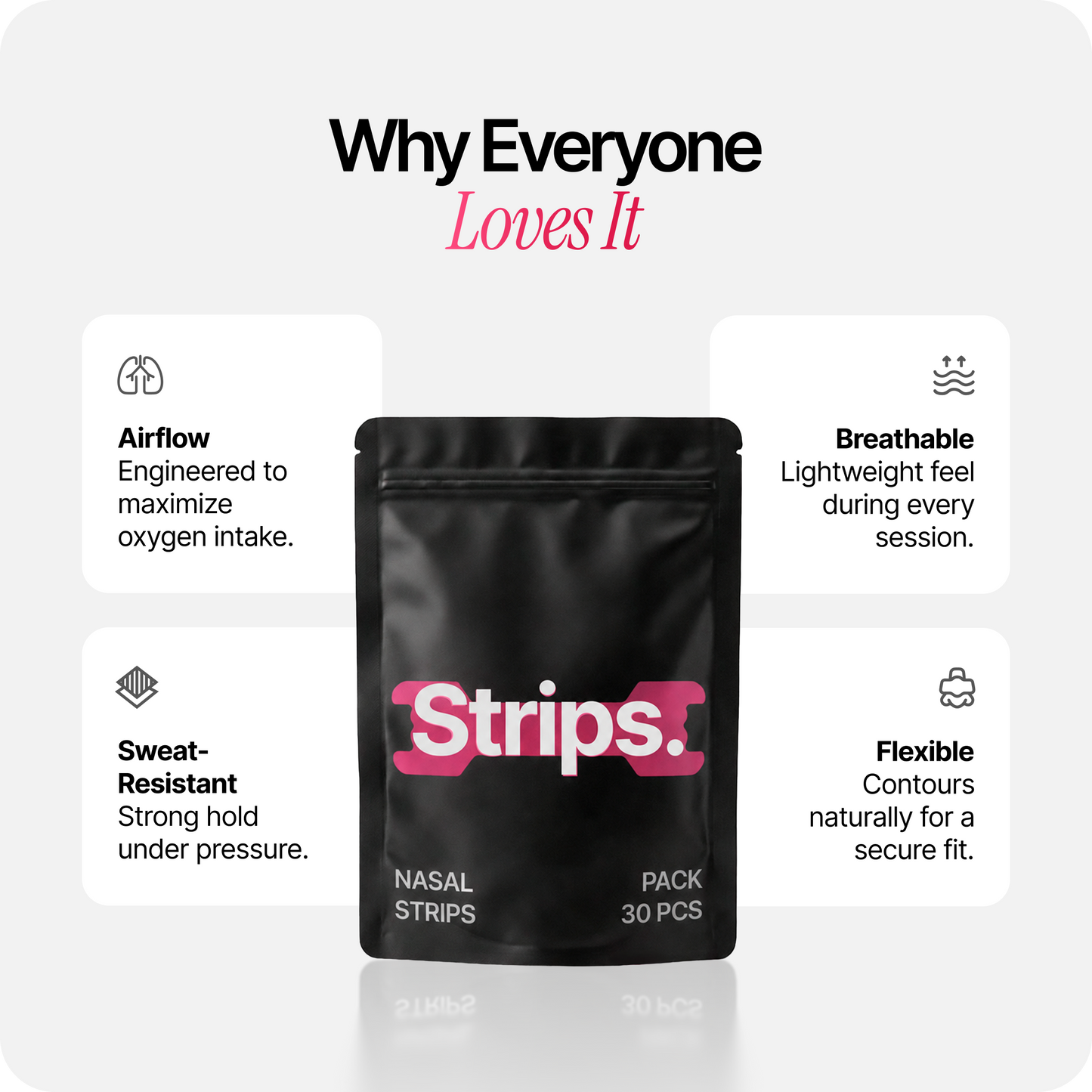 Black pouch of pink nasal strips with airflow, breathable, and flexible fit icons