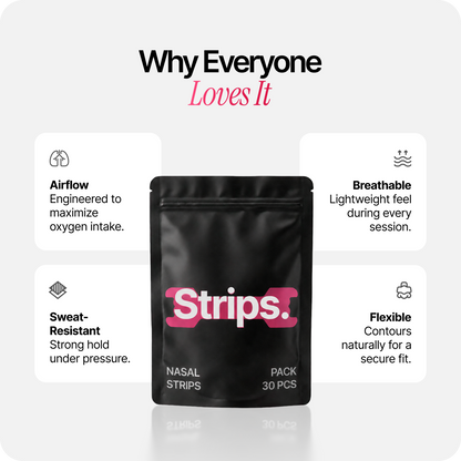 Black pouch of pink nasal strips with airflow, breathable, and flexible fit icons
