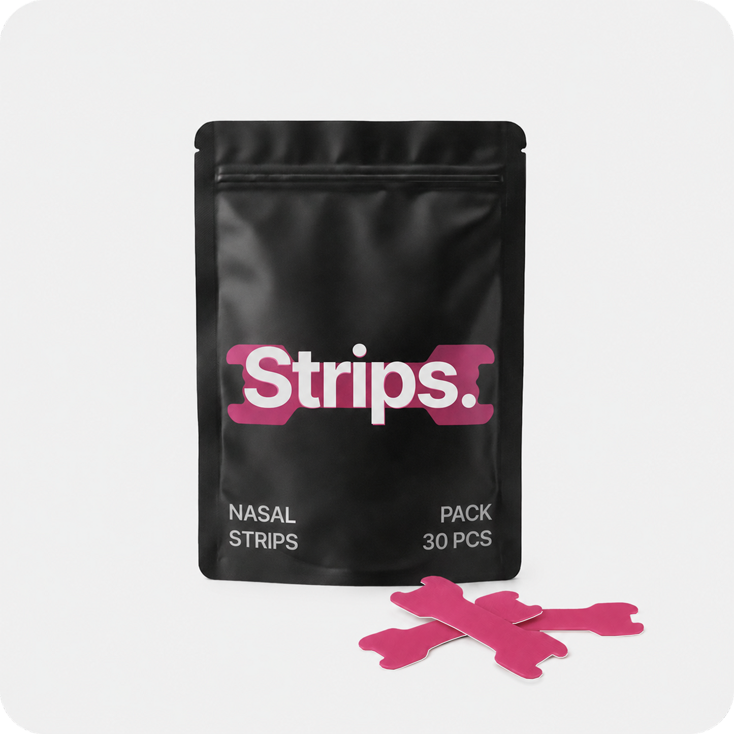 Black resealable pouch of pink nasal strips, 30-count pack