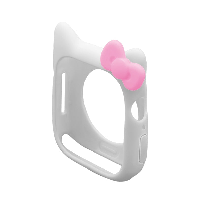 Cat watch cover case for Apple Watch, pale gray with pink cat-ear bow