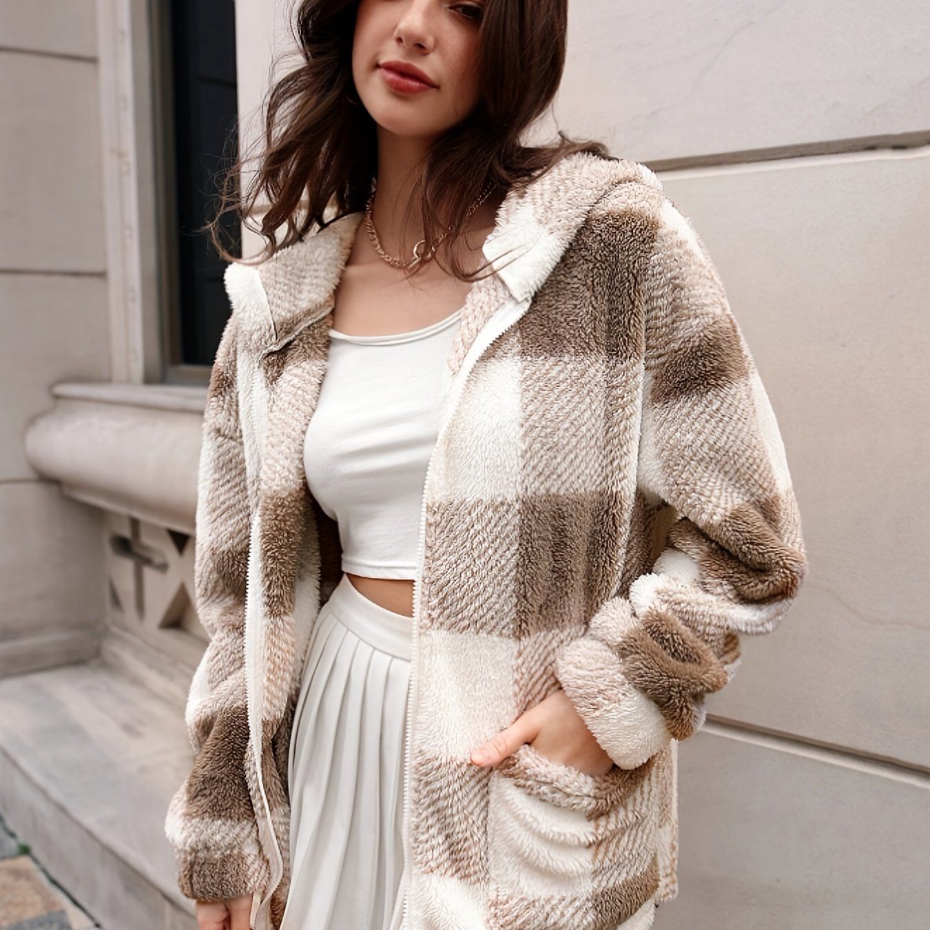 Plaid Hooded Teddy Coat, Elegant Zip Up Long Sleeve Winter Warm Outerwear, Women's Clothing - Renee Lane Company