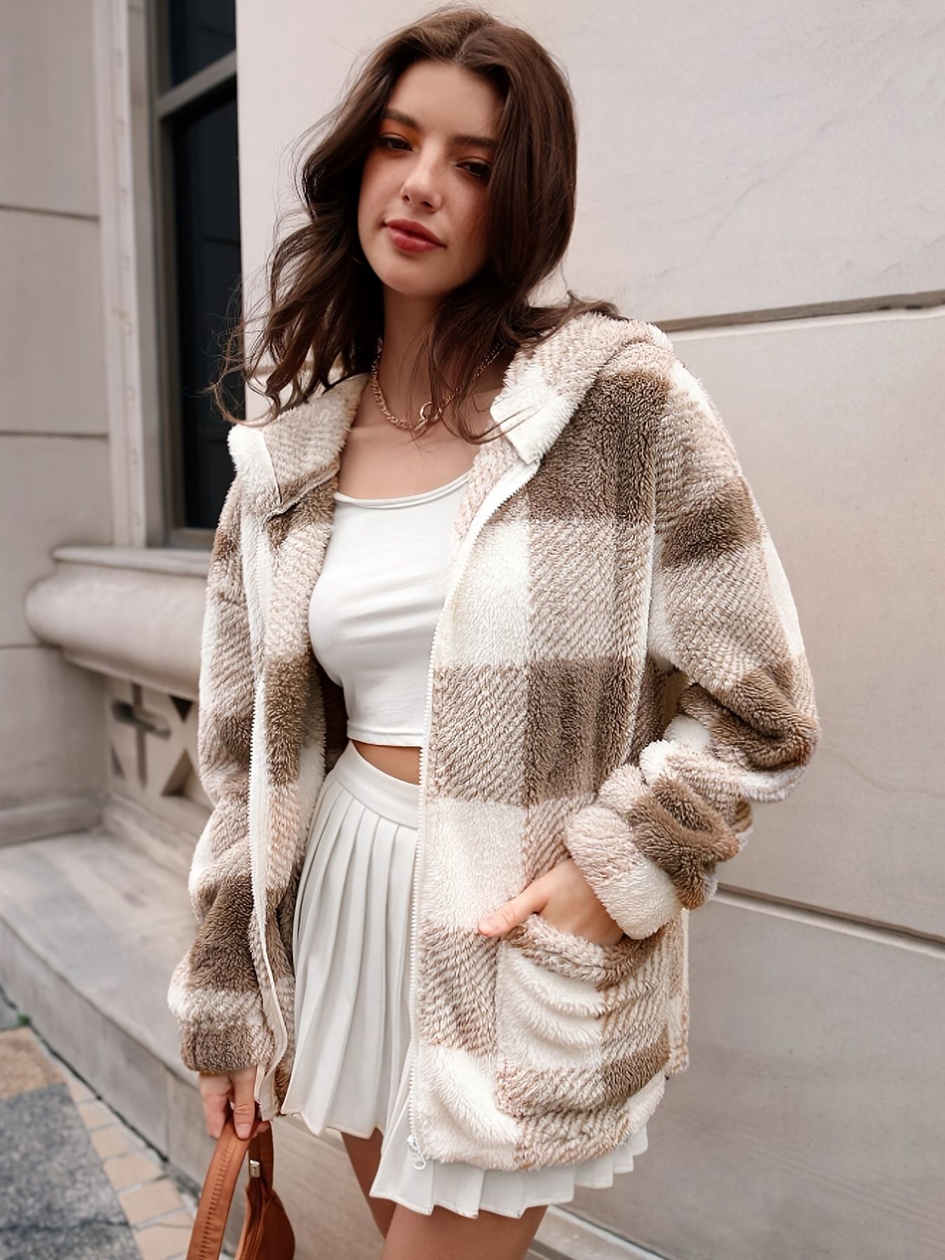 Plaid Hooded Teddy Coat, Elegant Zip Up Long Sleeve Winter Warm Outerwear, Women's Clothing - Renee Lane Company