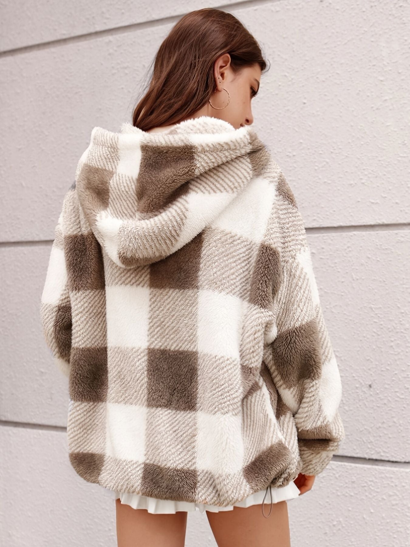 Plaid Hooded Teddy Coat, Elegant Zip Up Long Sleeve Winter Warm Outerwear, Women's Clothing - Renee Lane Company