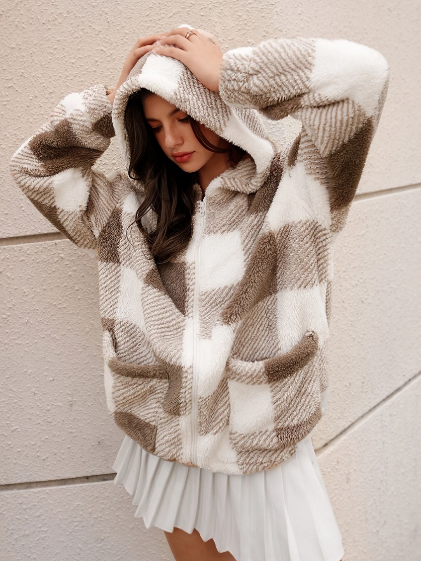 Plaid Hooded Teddy Coat, Elegant Zip Up Long Sleeve Winter Warm Outerwear, Women's Clothing - Renee Lane Company