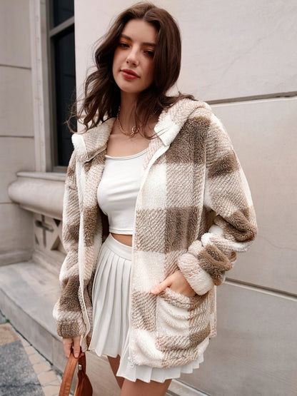 Plaid Hooded Teddy Coat, Elegant Zip Up Long Sleeve Winter Warm Outerwear, Women's Clothing - Renee Lane Company