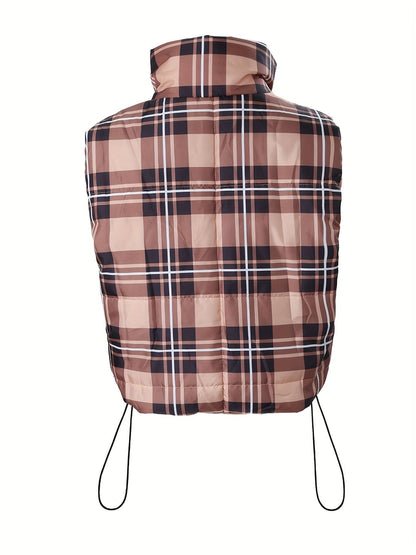 Plaid Print Drawstring Vest Coat, Casual Zip Up Sleeveless Outerwear, Women's Clothing - Renee Lane Company