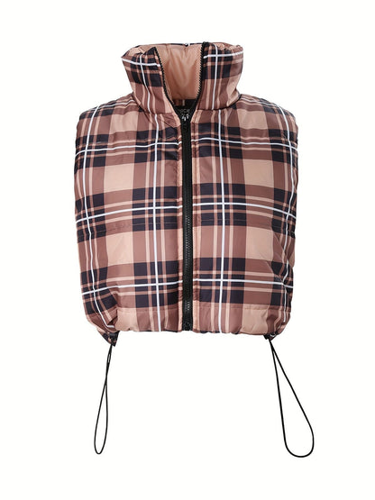 Plaid Print Drawstring Vest Coat, Casual Zip Up Sleeveless Outerwear, Women's Clothing - Renee Lane Company