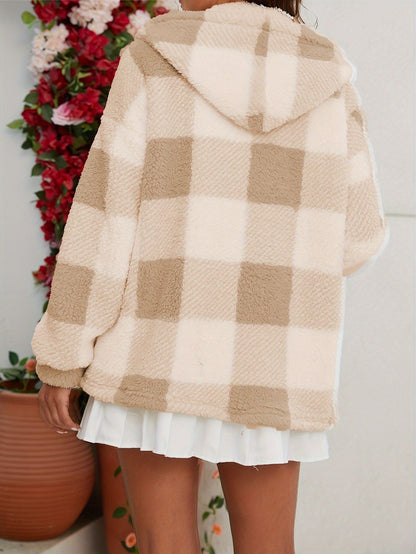Plaid Print Teddy Hooded Coat, Casual Zip Up Long Sleeve Warm Outerwear, Women's Clothing - Renee Lane Company
