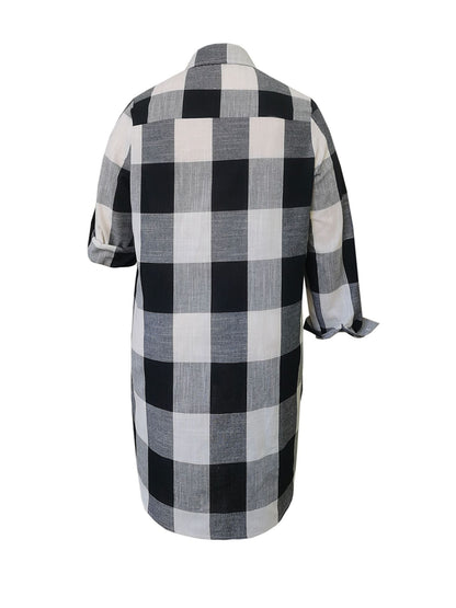 Plus Size Casual Blouse, Women's Plus Gingham Print Button Up Roll Up Sleeve Turn Down Collar Blouse - Renee Lane Company