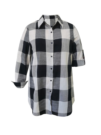 Plus Size Casual Blouse, Women's Plus Gingham Print Button Up Roll Up Sleeve Turn Down Collar Blouse - Renee Lane Company