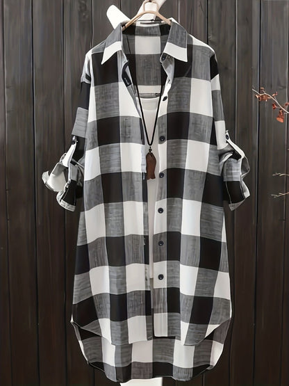 Plus Size Casual Blouse, Women's Plus Gingham Print Button Up Roll Up Sleeve Turn Down Collar Blouse - Renee Lane Company