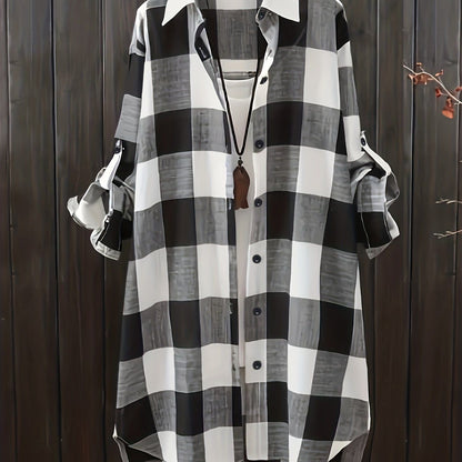 Plus Size Casual Blouse, Women's Plus Gingham Print Button Up Roll Up Sleeve Turn Down Collar Blouse - Renee Lane Company