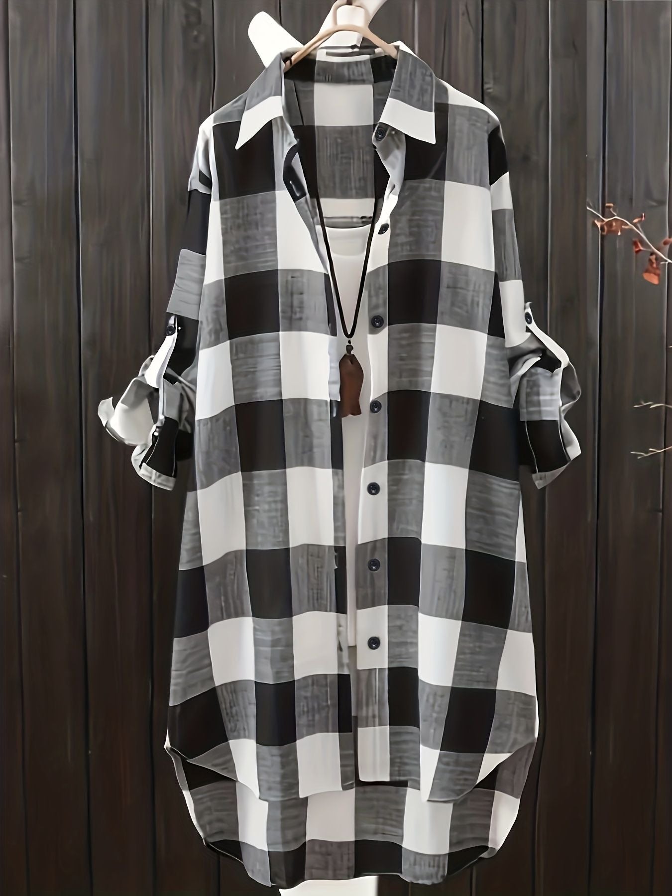 Plus Size Casual Blouse, Women's Plus Gingham Print Button Up Roll Up Sleeve Turn Down Collar Blouse - Renee Lane Company