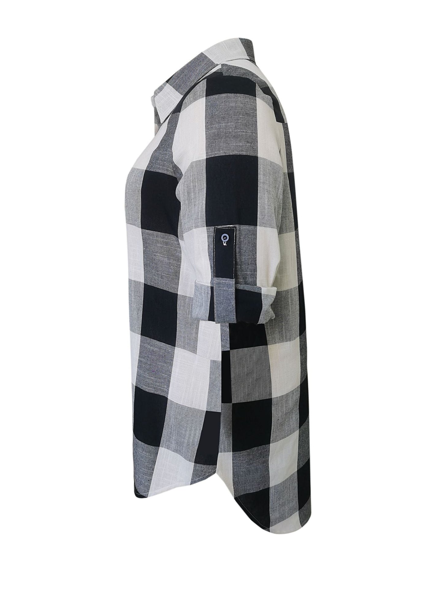 Plus Size Casual Blouse, Women's Plus Gingham Print Button Up Roll Up Sleeve Turn Down Collar Blouse - Renee Lane Company