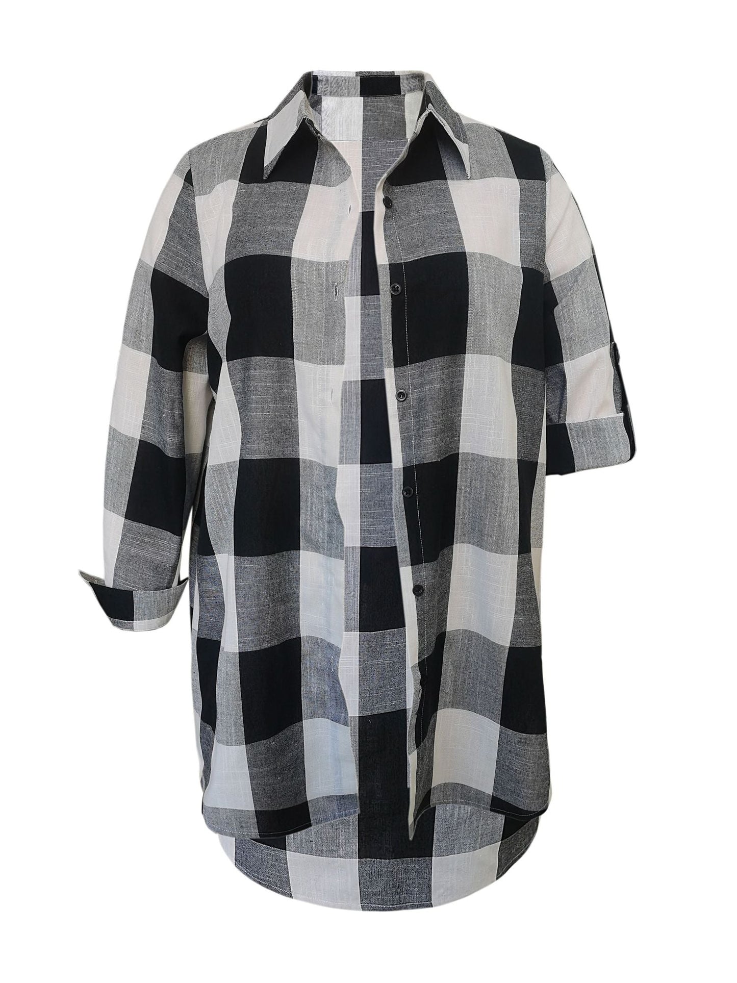 Plus Size Casual Blouse, Women's Plus Gingham Print Button Up Roll Up Sleeve Turn Down Collar Blouse - Renee Lane Company