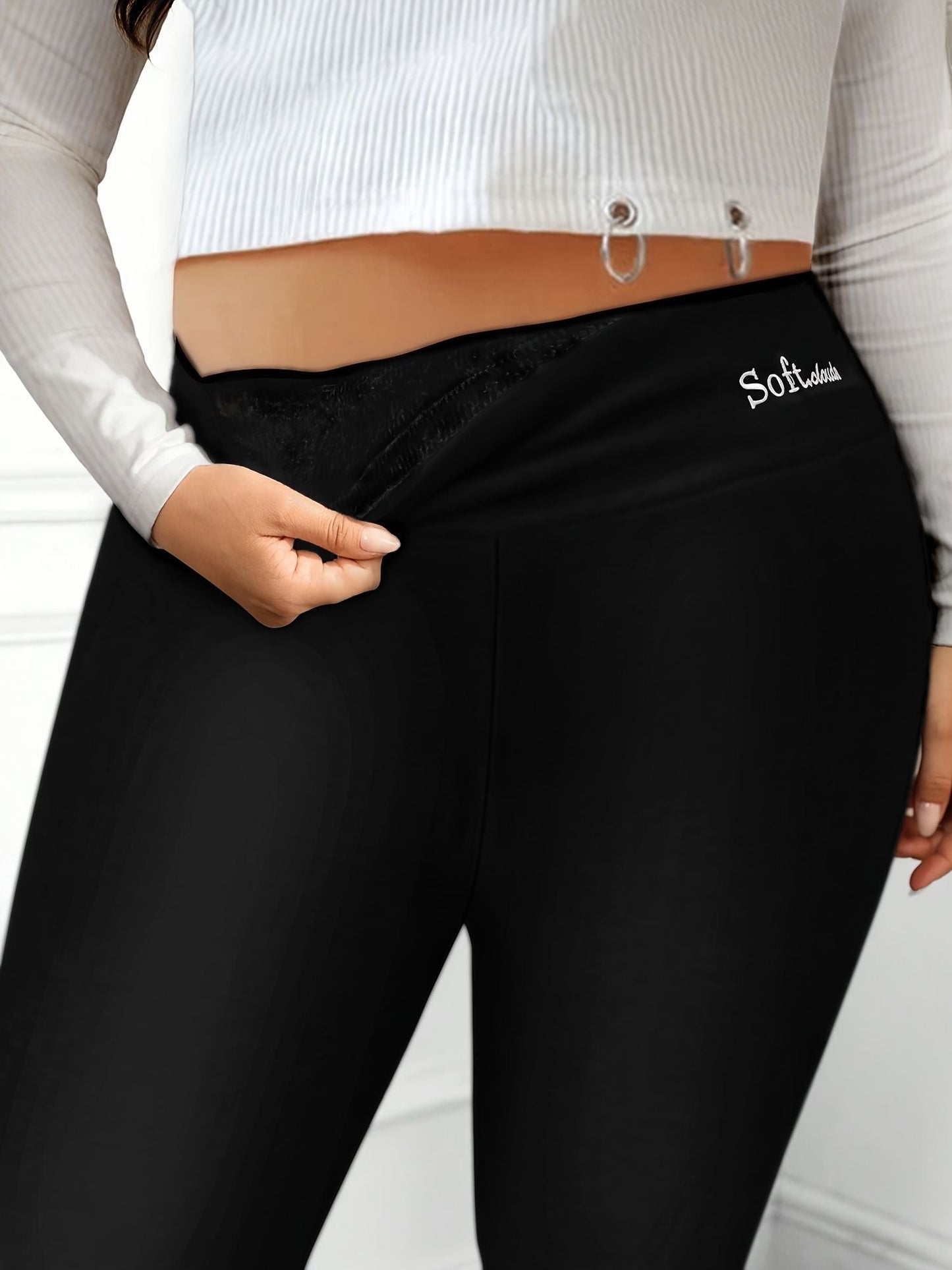 Plus Size Casual Leggings, Women's Plus Letter Print Liner Fleece High Rise Slight Stretch Leggings - Renee Lane Company