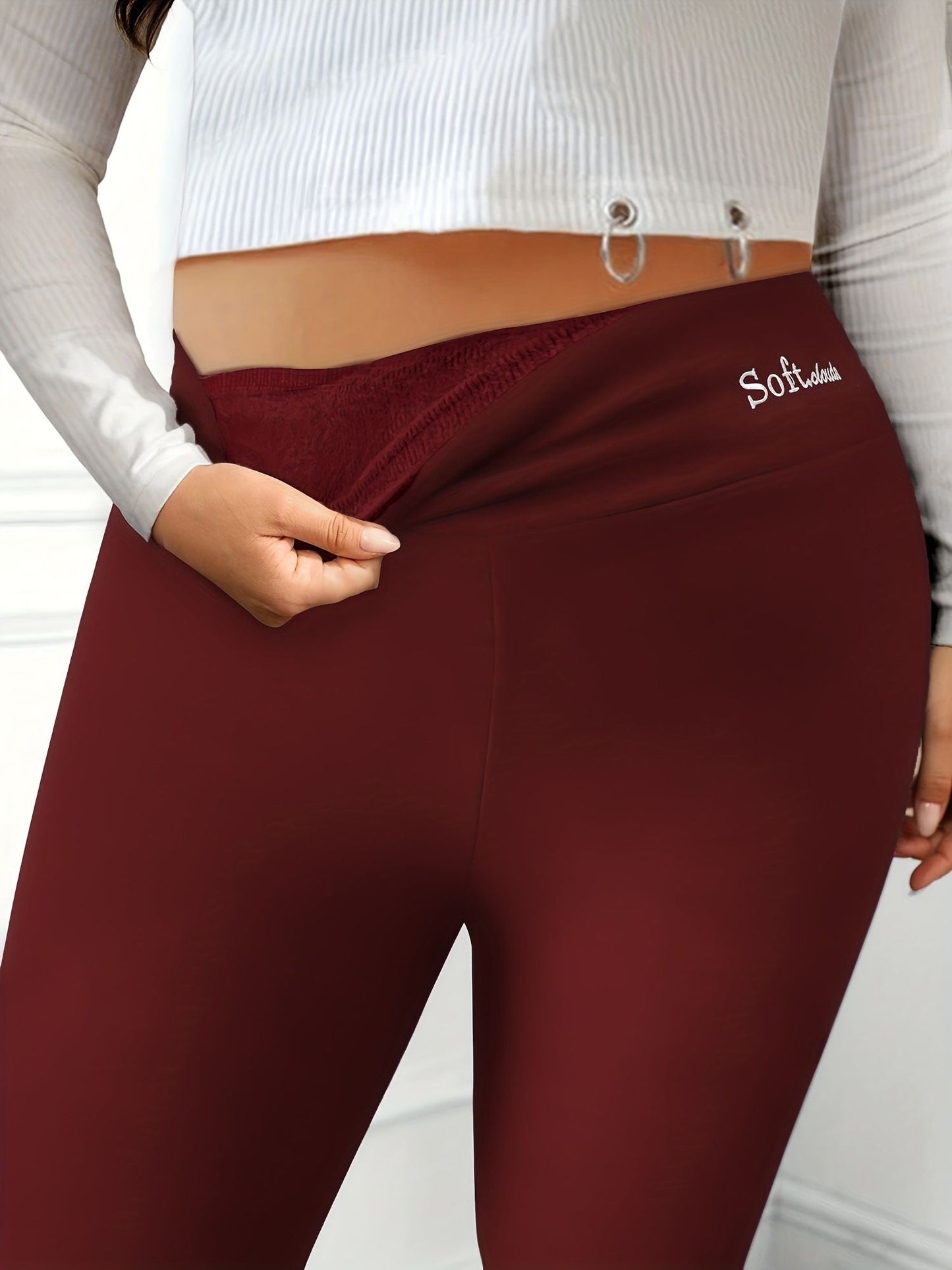 Plus Size Casual Leggings, Women's Plus Letter Print Liner Fleece High Rise Slight Stretch Leggings - Renee Lane Company