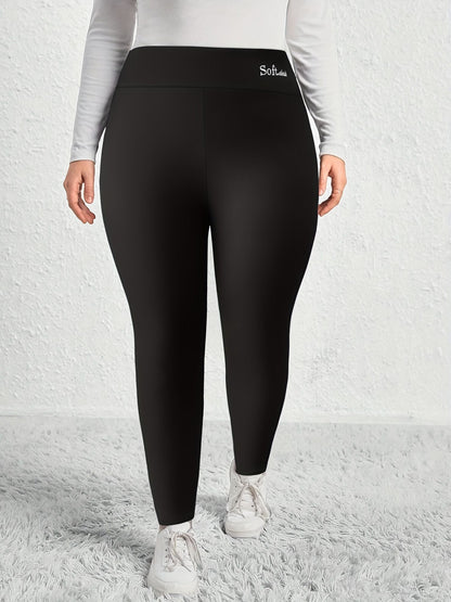 Plus Size Casual Leggings, Women's Plus Letter Print Liner Fleece High Rise Slight Stretch Leggings - Renee Lane Company