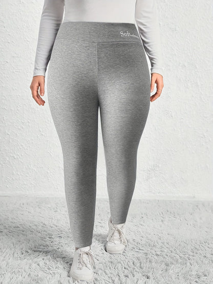 Plus Size Casual Leggings, Women's Plus Letter Print Liner Fleece High Rise Slight Stretch Leggings - Renee Lane Company