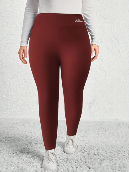 Plus Size Casual Leggings, Women's Plus Letter Print Liner Fleece High Rise Slight Stretch Leggings - Renee Lane Company
