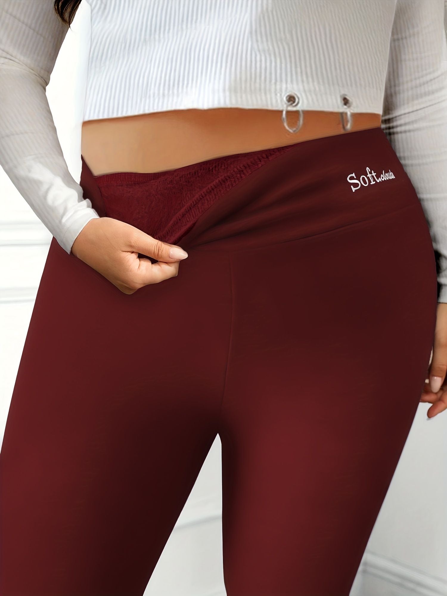 Plus Size Casual Leggings, Women's Plus Letter Print Liner Fleece High Rise Slight Stretch Leggings - Renee Lane Company
