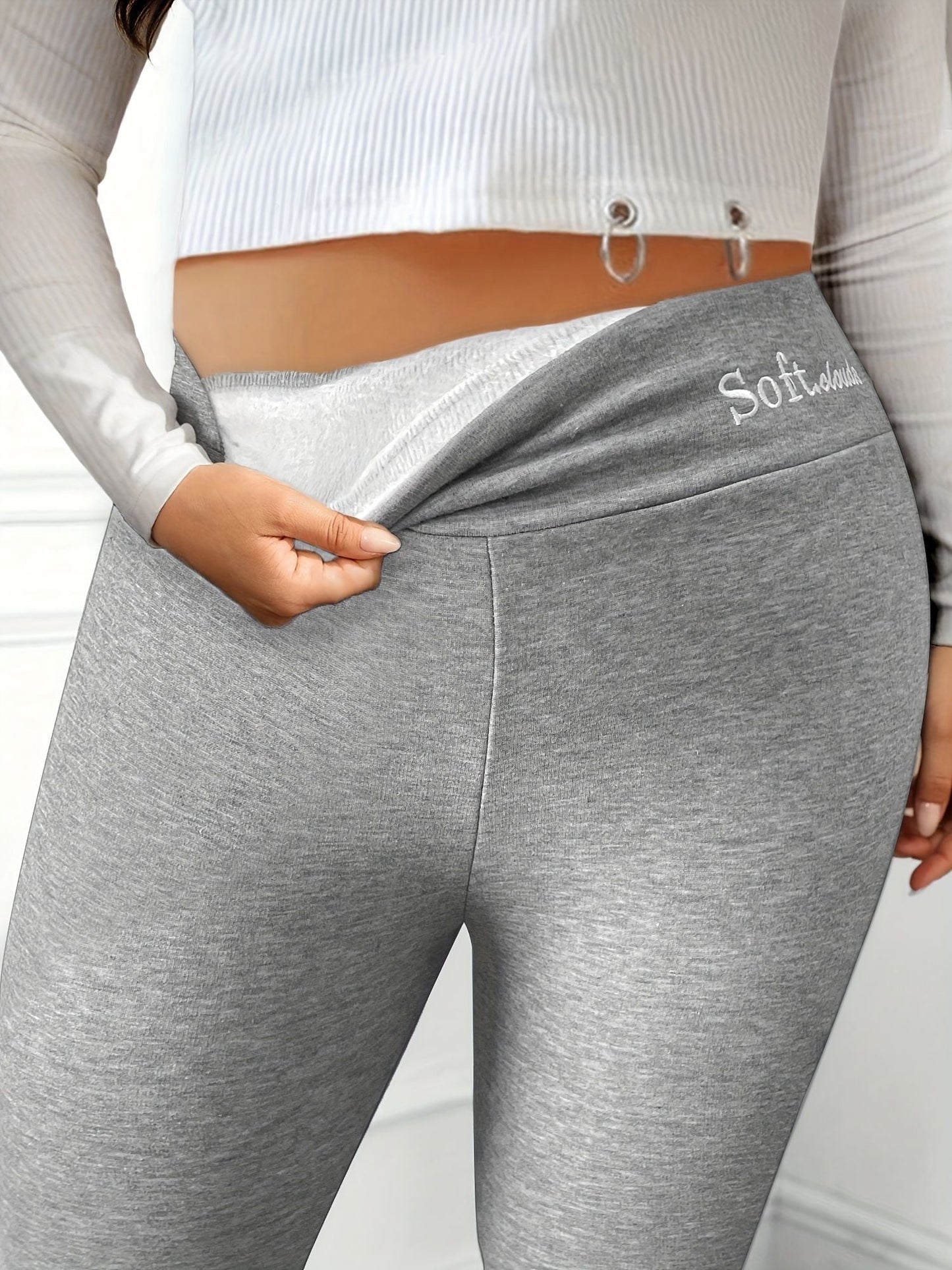 Plus Size Casual Leggings, Women's Plus Letter Print Liner Fleece High Rise Slight Stretch Leggings - Renee Lane Company