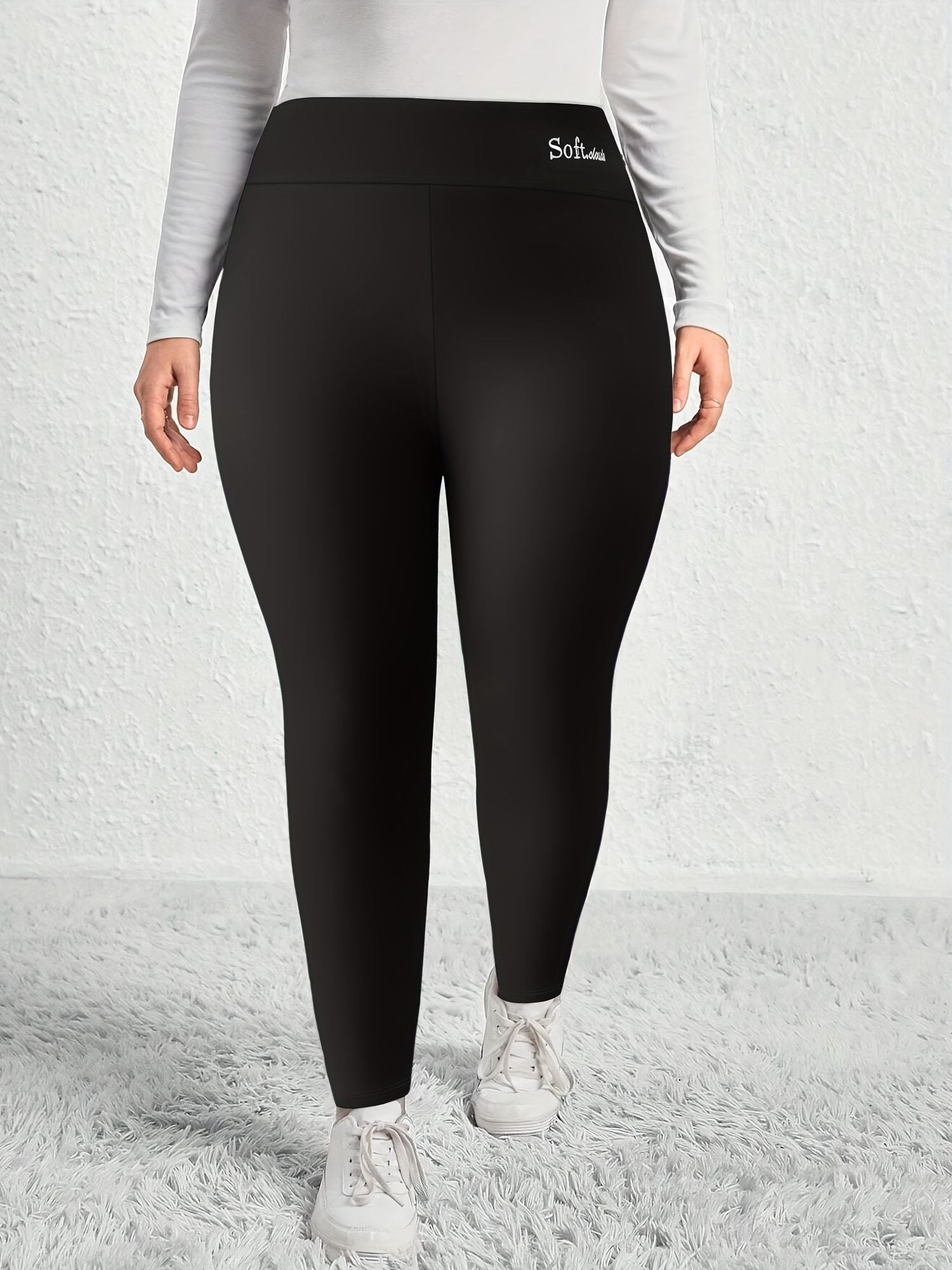 Plus Size Casual Leggings, Women's Plus Letter Print Liner Fleece High Rise Slight Stretch Leggings - Renee Lane Company