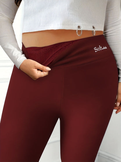 Plus Size Casual Leggings, Women's Plus Letter Print Liner Fleece High Rise Slight Stretch Leggings - Renee Lane Company