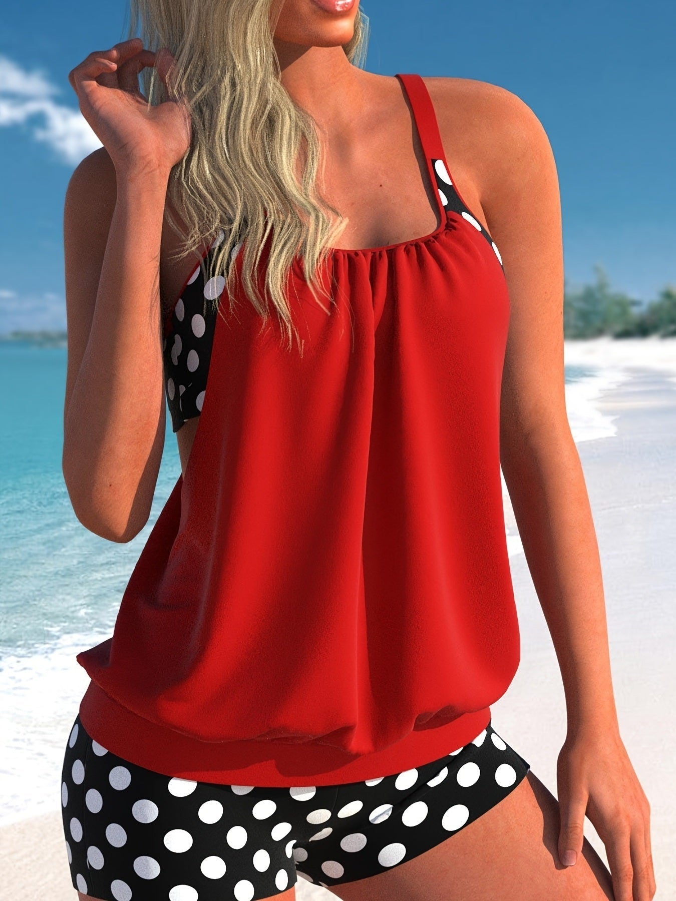 Plus Size Casual Swimsuit Set, Women's Plus Colorblock Dot Print Cut Out Round Neck Cami Top & Shorts Bathing Suit Two Piece Set - Renee Lane Company