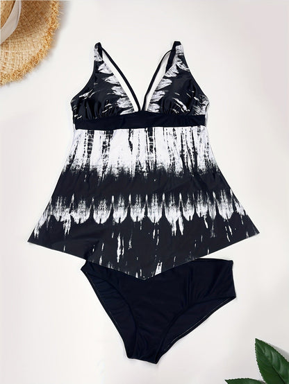 Plus Size Casual Tankini Set, Women's Plus Colorblock Geometric Print Cut Out Strappy Cami Top & Panty Swimsuit Two Piece Set - Renee Lane Company