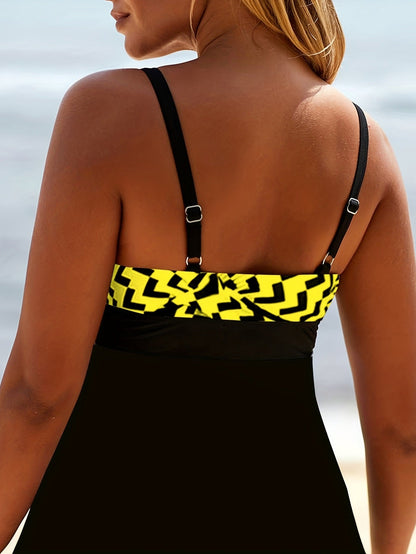 Plus Size Casual Tankini Set, Women's Plus Colorblock Geometric Print Cut Out Strappy Cami Top & Panty Swimsuit Two Piece Set - Renee Lane Company