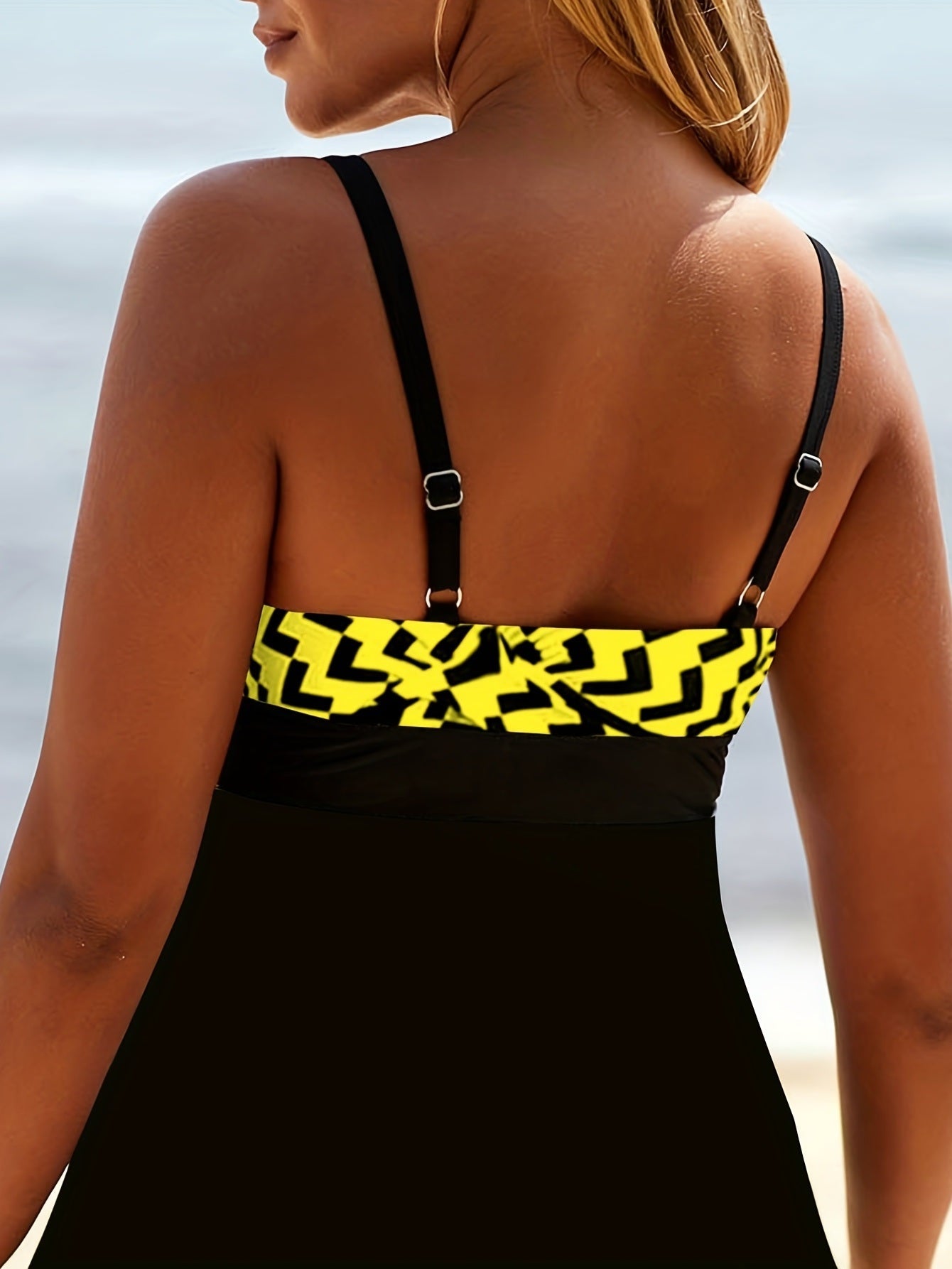 Plus Size Casual Tankini Set, Women's Plus Colorblock Geometric Print Cut Out Strappy Cami Top & Panty Swimsuit Two Piece Set - Renee Lane Company