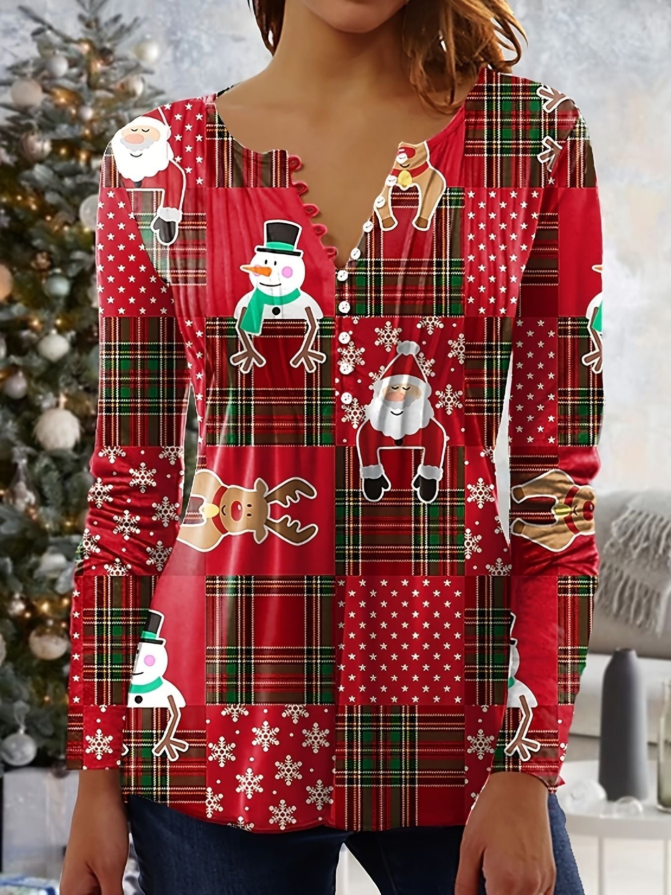 Plus Size Christmas Blouse, Women's Plus Colorblock Santa Claus & Snowman Print Long Sleeve Notched Neck Slight Stretch Henley Shirt - Renee Lane Company