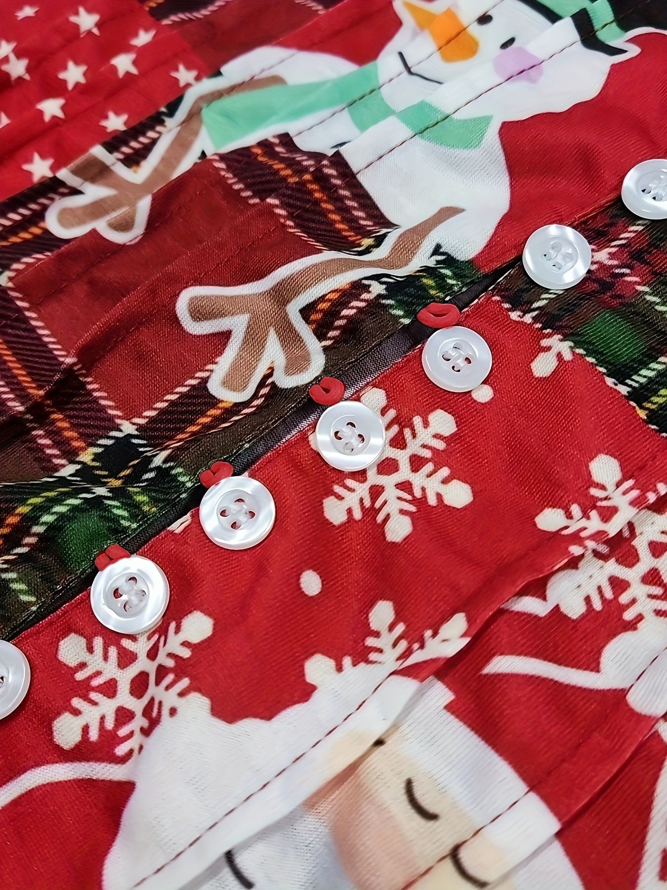 Plus Size Christmas Blouse, Women's Plus Colorblock Santa Claus & Snowman Print Long Sleeve Notched Neck Slight Stretch Henley Shirt - Renee Lane Company