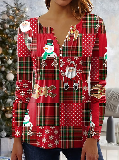 Plus Size Christmas Blouse, Women's Plus Colorblock Santa Claus & Snowman Print Long Sleeve Notched Neck Slight Stretch Henley Shirt - Renee Lane Company