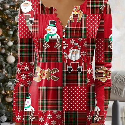 Plus Size Christmas Blouse, Women's Plus Colorblock Santa Claus & Snowman Print Long Sleeve Notched Neck Slight Stretch Henley Shirt - Renee Lane Company