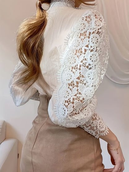 Plus Size Elegant Blouse, Women's Plus Solid Contrast Lace Lantern Sleeve Button Up Mock Neck Shirt Top - Renee Lane Company