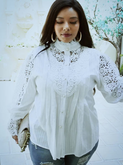 Plus Size Elegant Blouse, Women's Plus Solid Contrast Lace Lantern Sleeve Button Up Mock Neck Shirt Top - Renee Lane Company