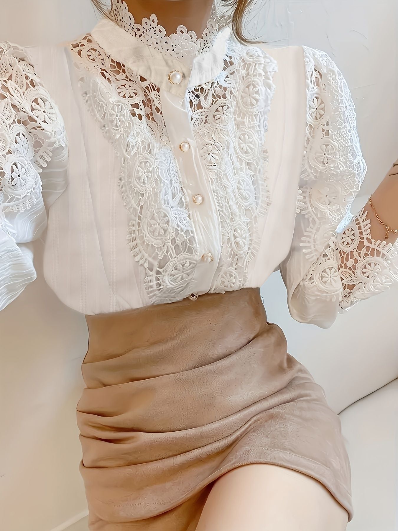 Plus Size Elegant Blouse, Women's Plus Solid Contrast Lace Lantern Sleeve Button Up Mock Neck Shirt Top - Renee Lane Company