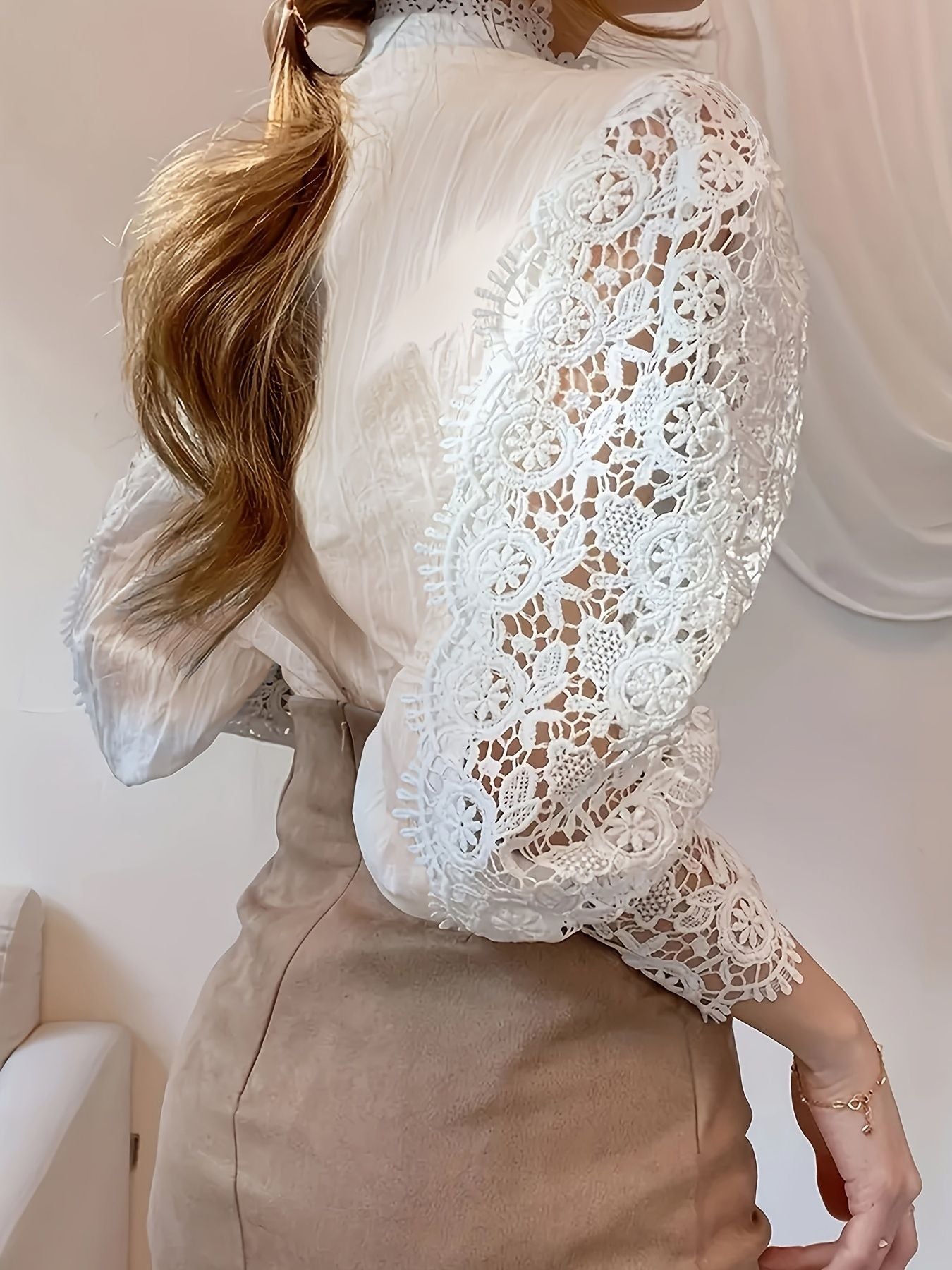 Plus Size Elegant Blouse, Women's Plus Solid Contrast Lace Lantern Sleeve Button Up Mock Neck Shirt Top - Renee Lane Company