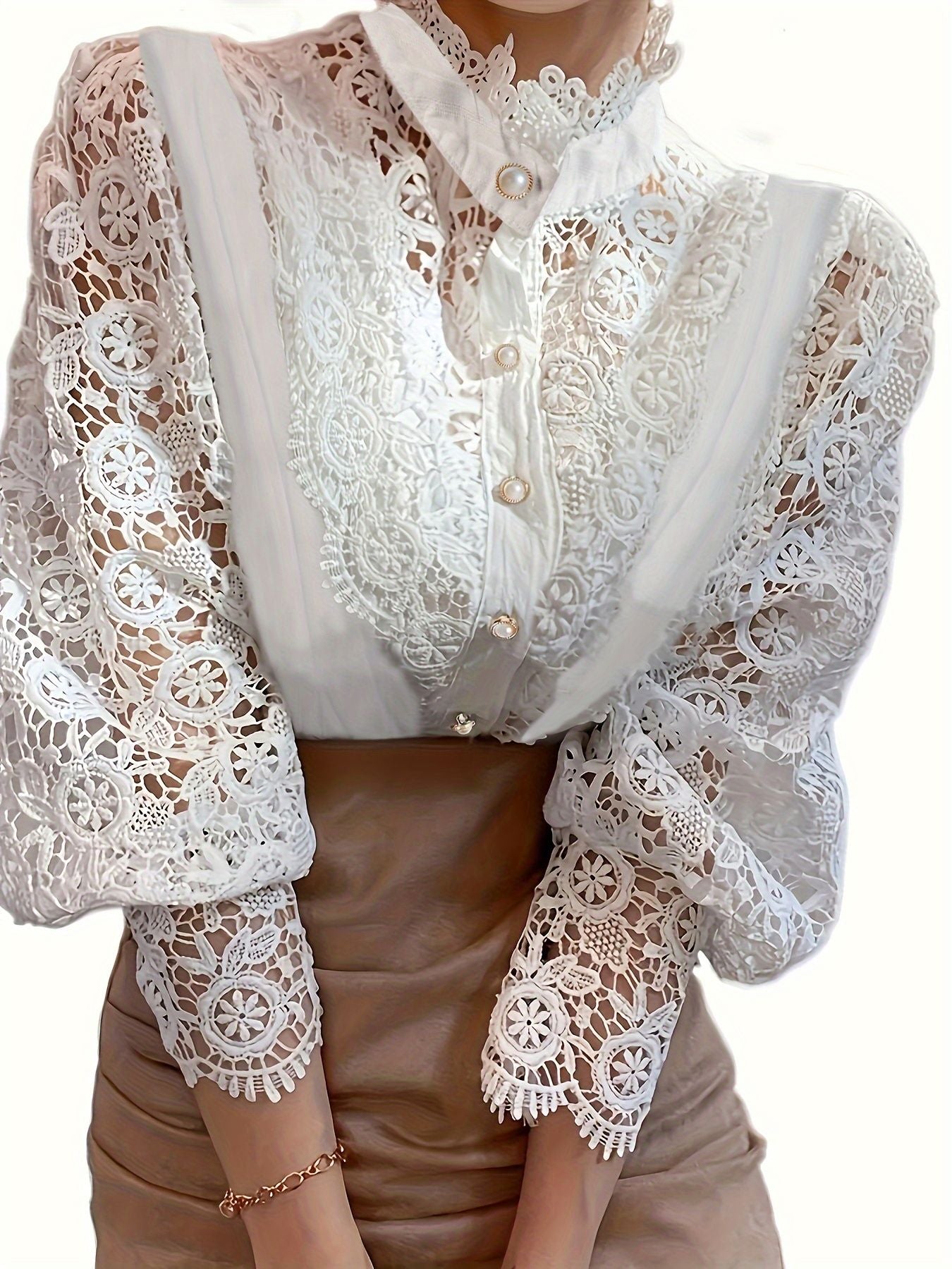 Plus Size Elegant Blouse, Women's Plus Solid Contrast Lace Lantern Sleeve Button Up Mock Neck Shirt Top - Renee Lane Company