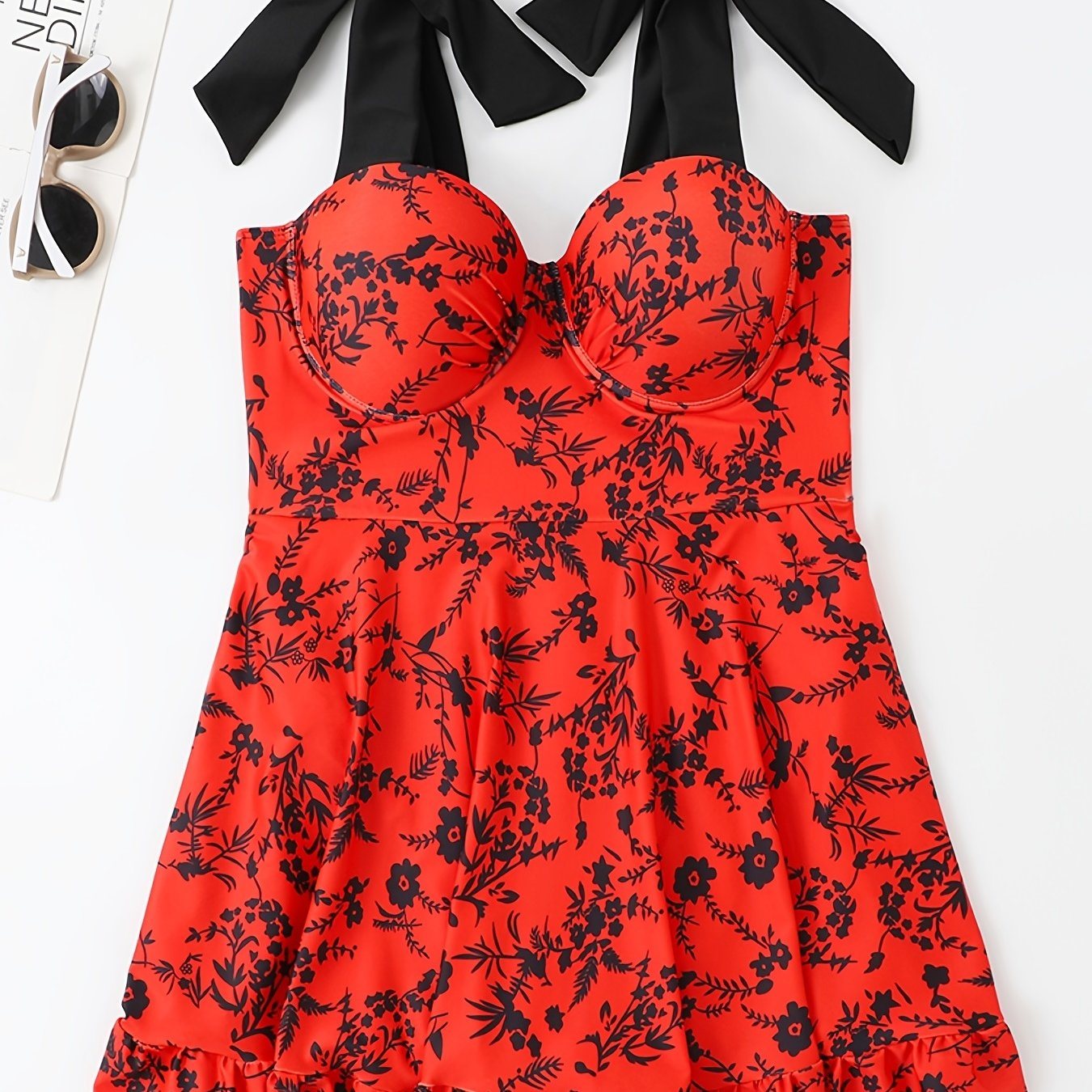 Plus Size Floral Print Knot Strap One Piece Swimsuit; Women's Plus High Stretch Fashion One Piece Beachwear - Renee Lane Company