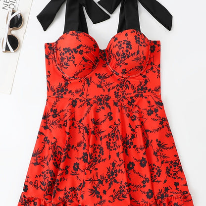Plus Size Floral Print Knot Strap One Piece Swimsuit; Women's Plus High Stretch Fashion One Piece Beachwear - Renee Lane Company