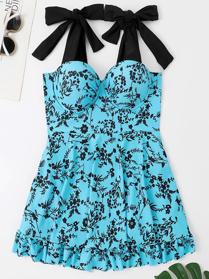 Plus Size Floral Print Knot Strap One Piece Swimsuit; Women's Plus High Stretch Fashion One Piece Beachwear - Renee Lane Company