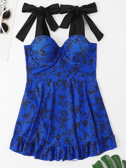 Plus Size Floral Print Knot Strap One Piece Swimsuit; Women's Plus High Stretch Fashion One Piece Beachwear - Renee Lane Company