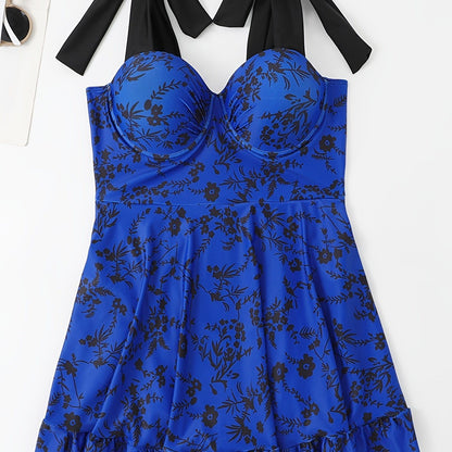 Plus Size Floral Print Knot Strap One Piece Swimsuit; Women's Plus High Stretch Fashion One Piece Beachwear - Renee Lane Company