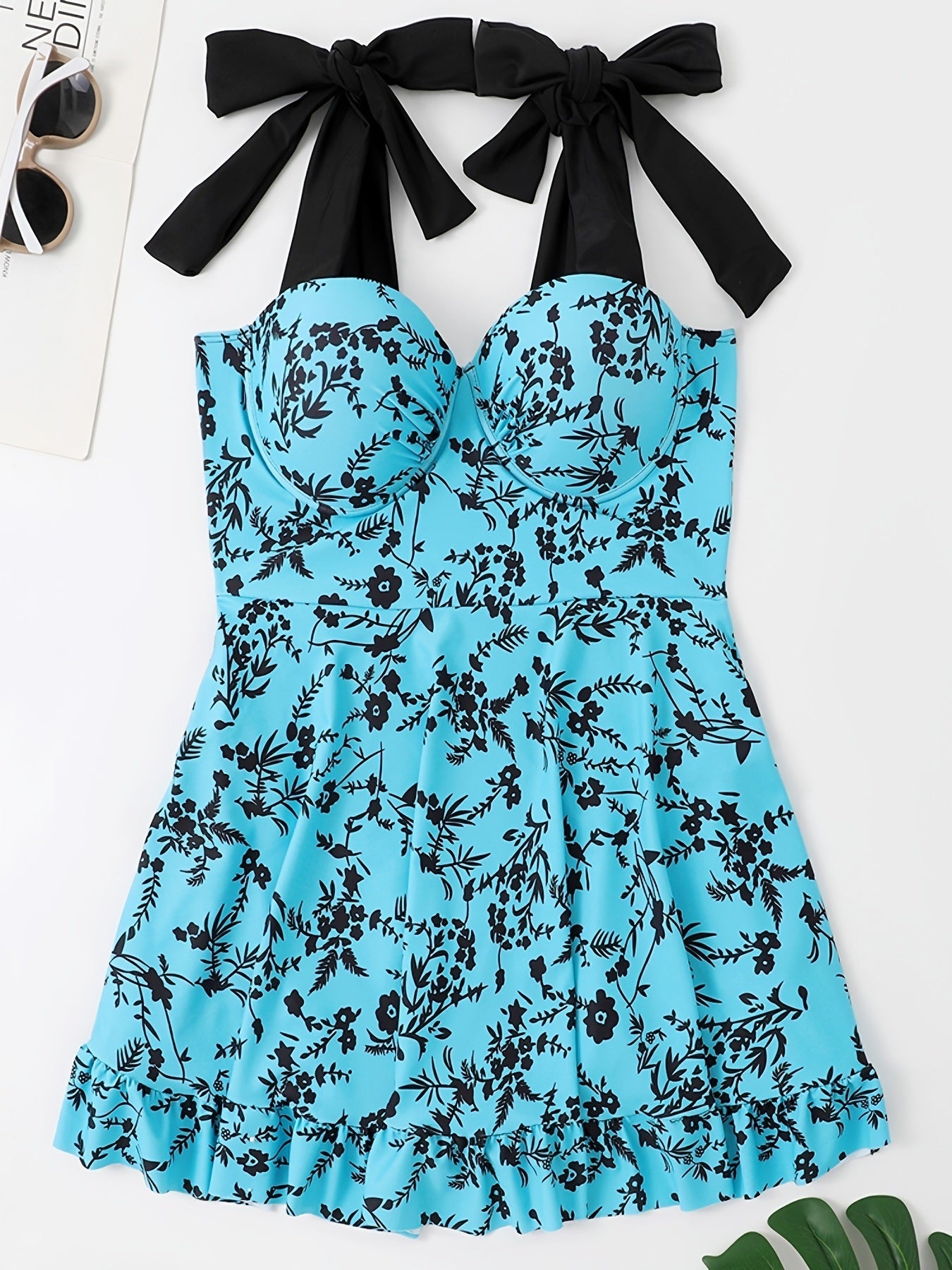 Plus Size Floral Print Knot Strap One Piece Swimsuit; Women's Plus High Stretch Fashion One Piece Beachwear - Renee Lane Company