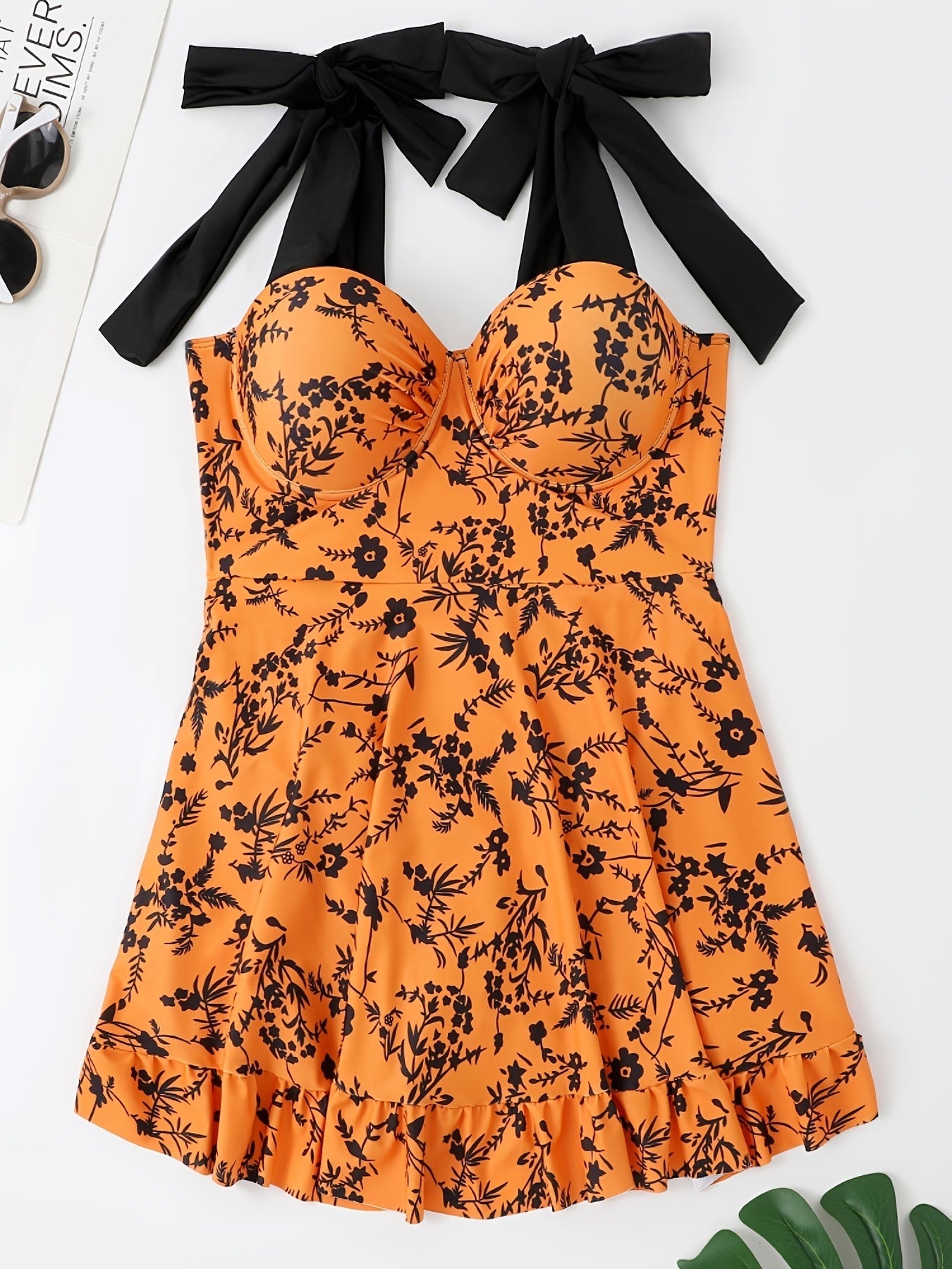 Plus Size Floral Print Knot Strap One Piece Swimsuit; Women's Plus High Stretch Fashion One Piece Beachwear - Renee Lane Company