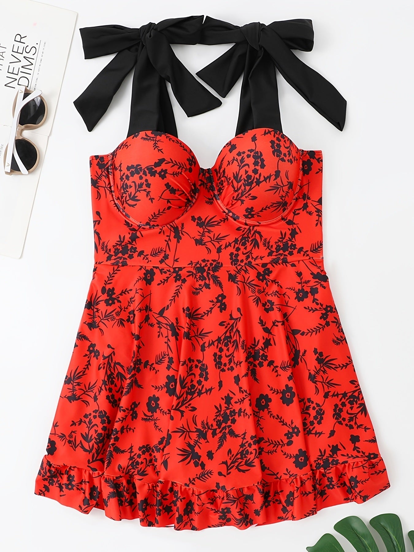 Plus Size Floral Print Knot Strap One Piece Swimsuit; Women's Plus High Stretch Fashion One Piece Beachwear - Renee Lane Company