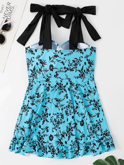 Plus Size Floral Print Knot Strap One Piece Swimsuit; Women's Plus High Stretch Fashion One Piece Beachwear - Renee Lane Company